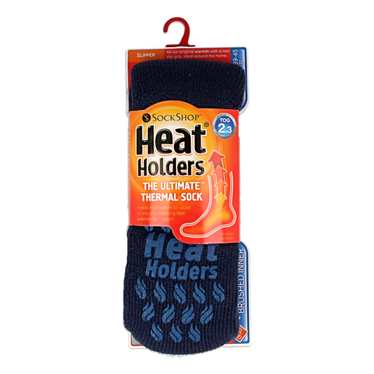 Deep blue Heat Holders men's slipper socks size 6-11, cozy and warm, shown in the image.