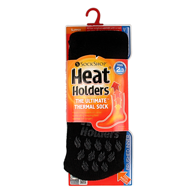 Black Heat Holders anti-slip socks, cozy and warm, designed for comfort and grip, shown in a pair on a neutral background.