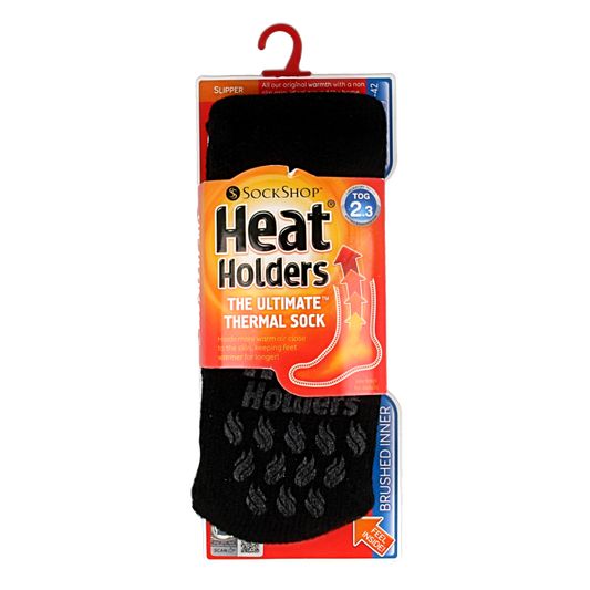 Black Heat Holders anti-slip socks, cozy and warm, designed for comfort and grip, shown in a pair on a neutral background.