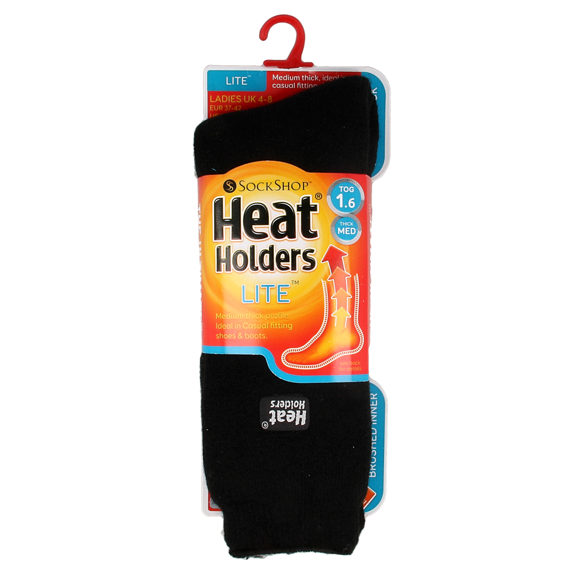 Heat Holders ladies black socks lite size 4-8, soft and warm, shown in a close-up image of the comfortable knit fabric.