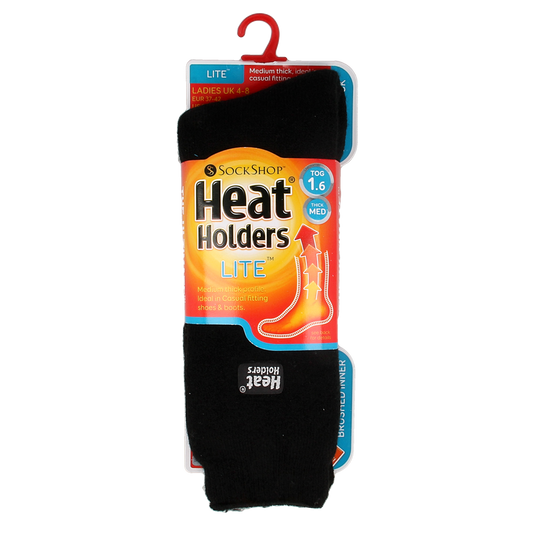 Heat Holders ladies black socks lite size 4-8, soft and warm, shown in a close-up image of the comfortable knit fabric.