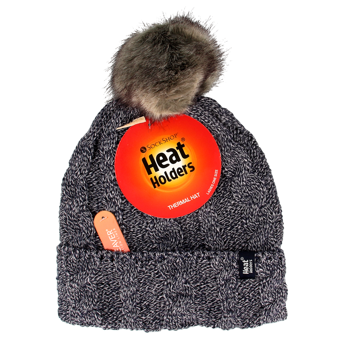 Heat Holders navy women's cable hat with pom pom, soft knit, cozy winter headwear, stylish and warm for cold weather.