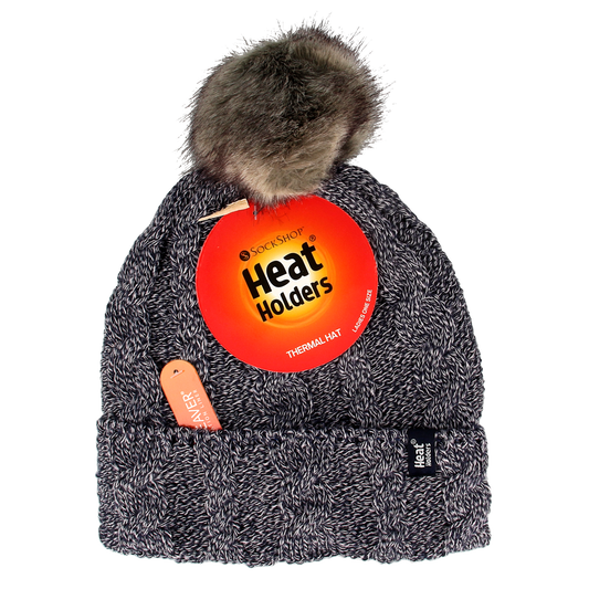 Heat Holders navy women's cable hat with pom pom, soft knit, cozy winter headwear, stylish and warm for cold weather.