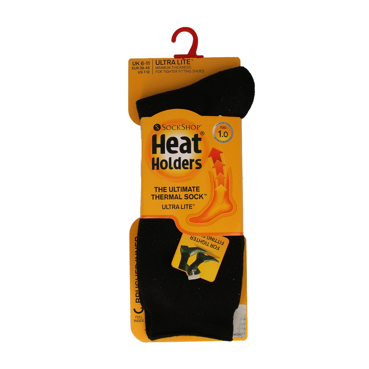 Heat Holders men's ultra lite black socks size 6-11, soft and comfortable sock pair for everyday wear.