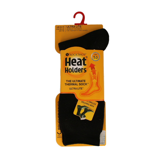 Heat Holders men's ultra lite black socks size 6-11, soft and comfortable sock pair for everyday wear.