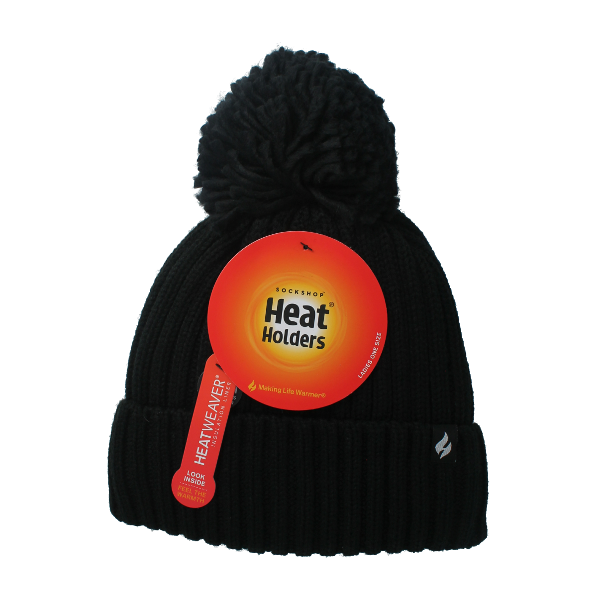 Black Heat Holders ladies pom pom hat with a cozy knit design, featuring a fluffy pom pom on top, suitable for cold weather.