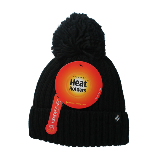 Black Heat Holders ladies pom pom hat with a cozy knit design, featuring a fluffy pom pom on top, suitable for cold weather.