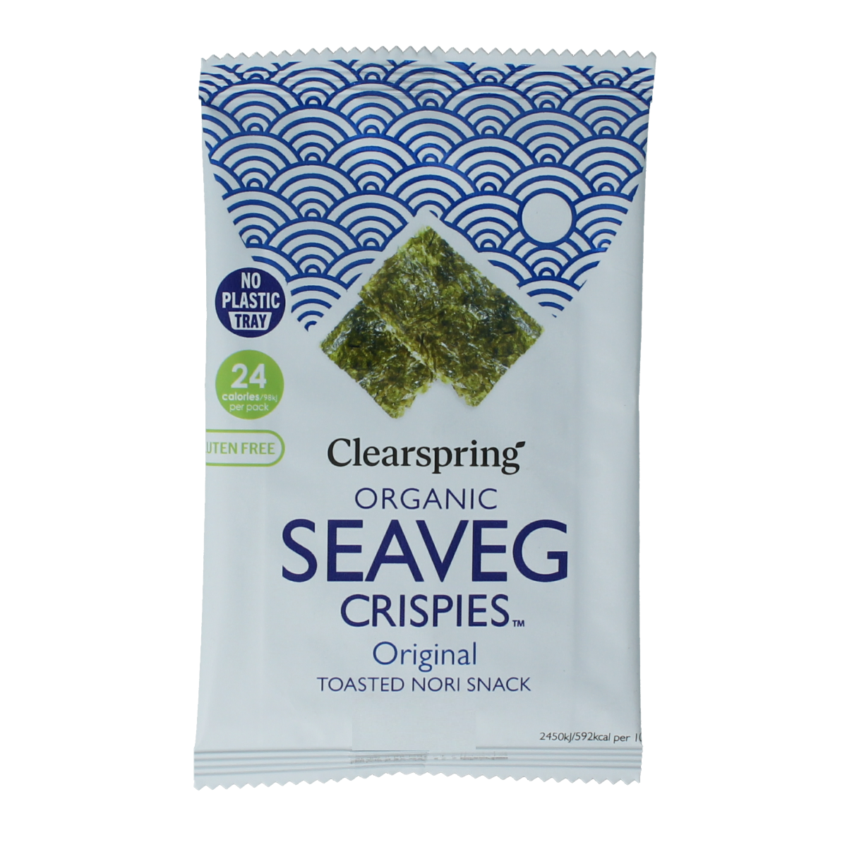 ClearSpring Seaveg Crisps Original bio salt-flavored chips in a 4g packet, showcasing crunchy seaweed snack with salted taste.