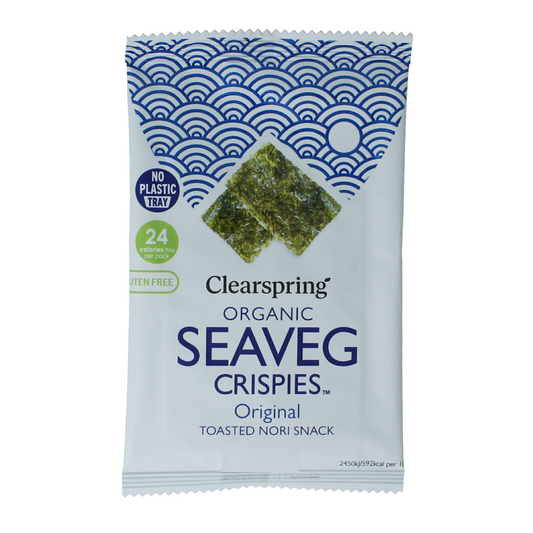ClearSpring Seaveg Crisps Original bio salt-flavored chips in a 4g packet, showcasing crunchy seaweed snack with salted taste.