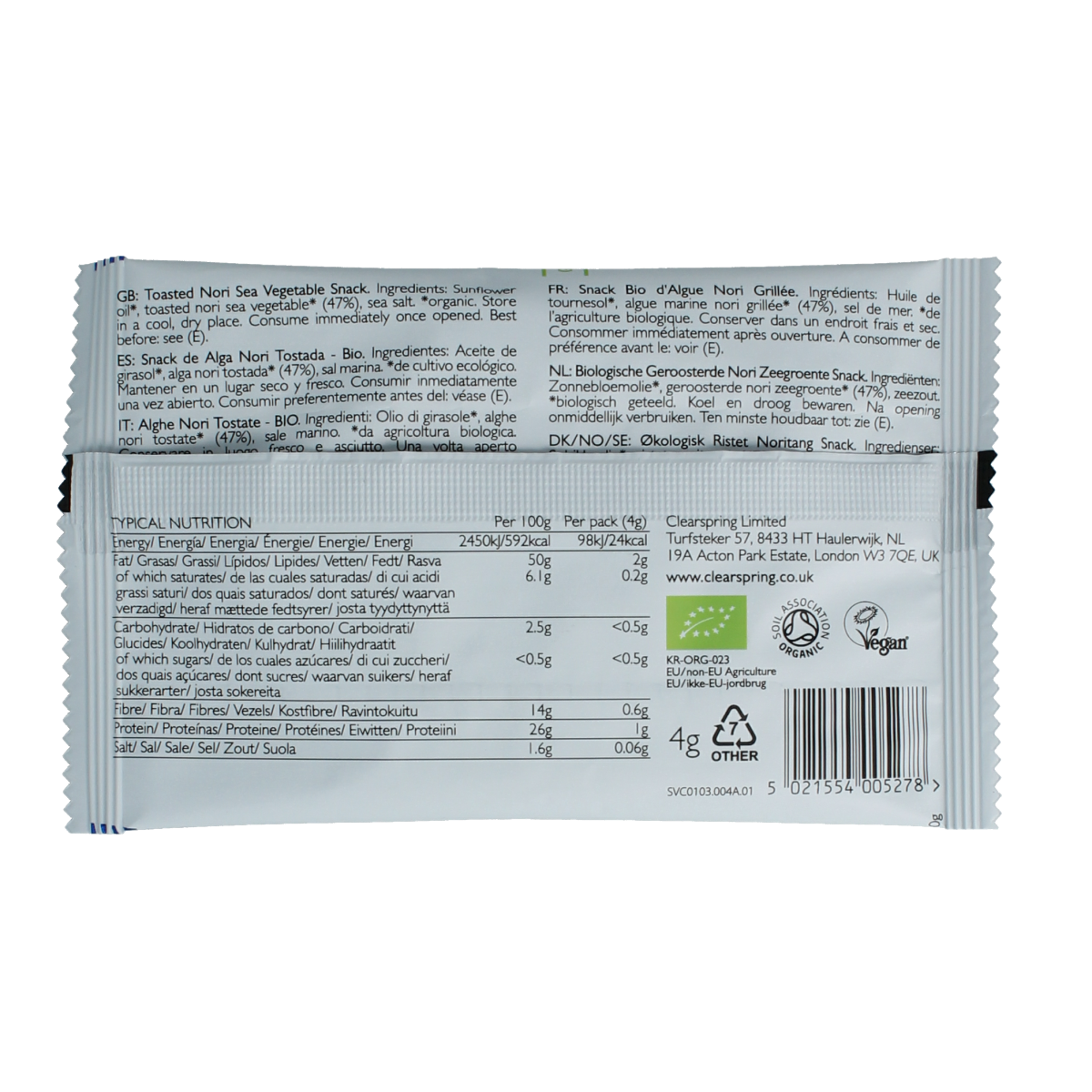 Clearspring Seaveg crispy original seaweed chips in a 4g package, featuring natural seaweed flavor and light, crunchy texture.
