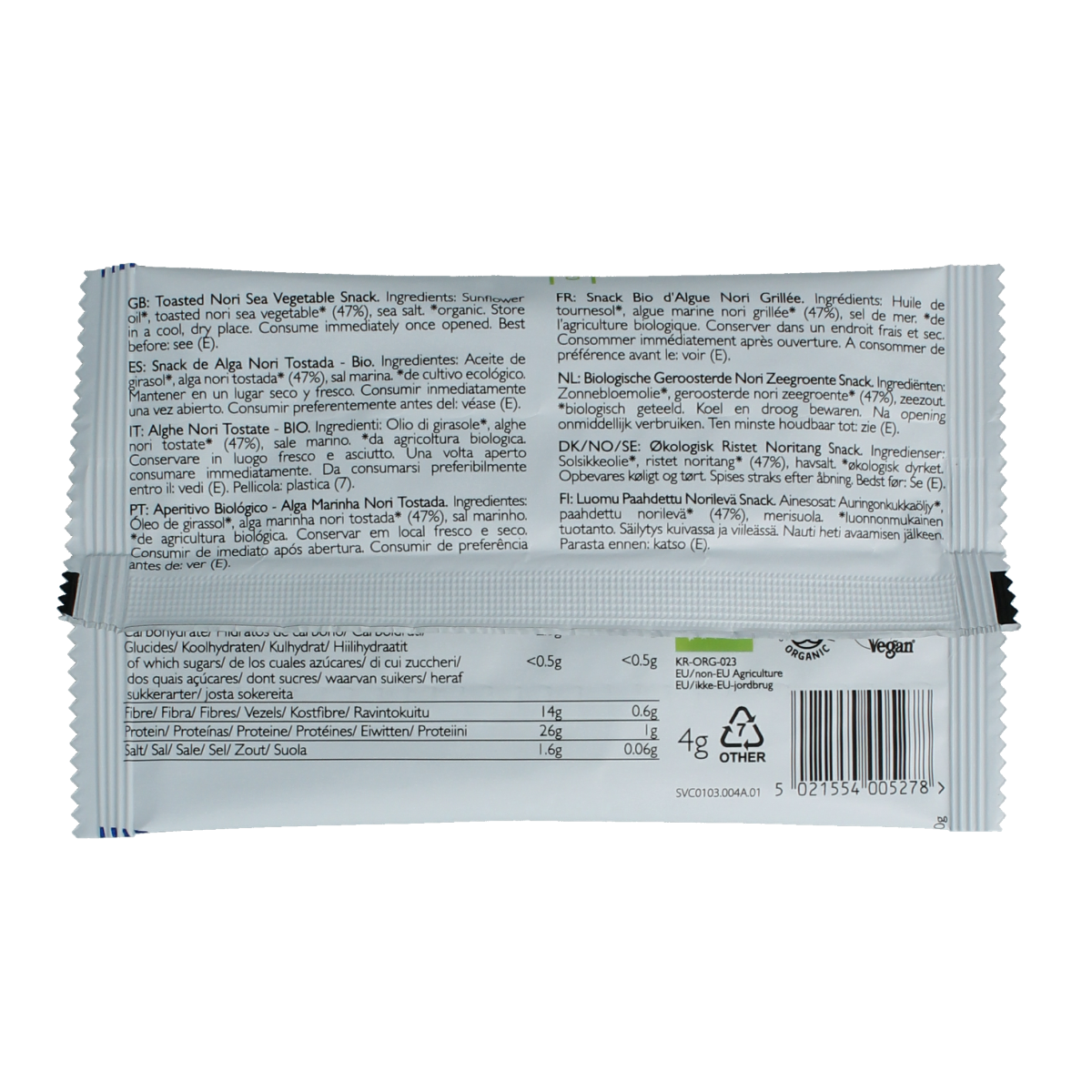 ClearSpring Seaveg Crispy Chips en Zoutjes in original flavor, 4g bio seaweed snack with a crispy texture.
