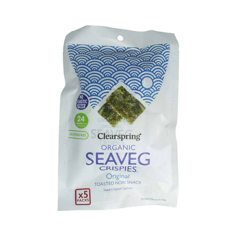 Clearspring Seaveg crispy seaweed chips in original flavor, 20g multipack, organic salt-enriched snack with crunchy texture.