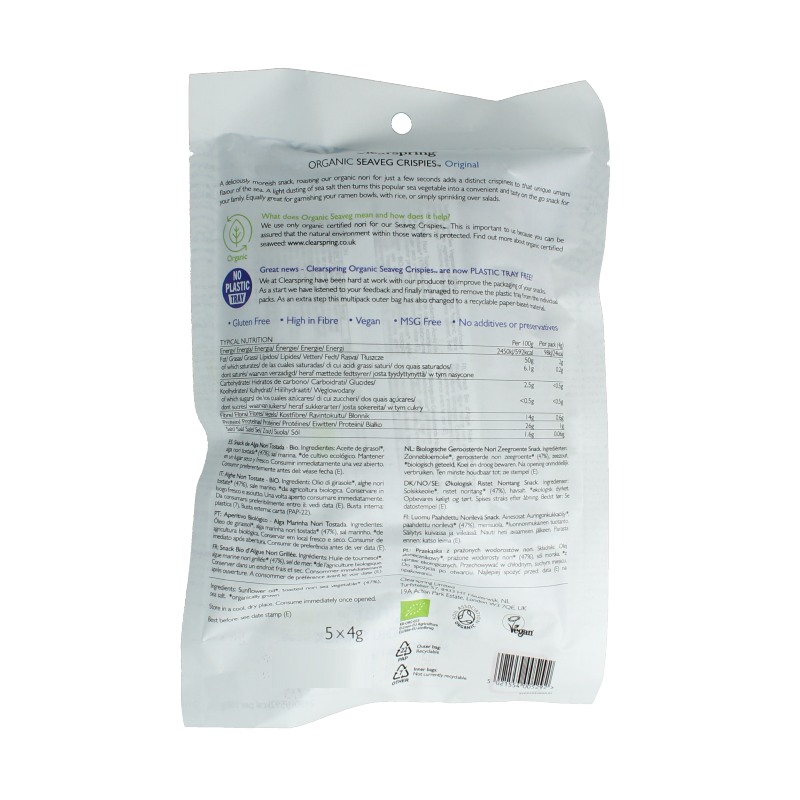 Clearspring Seaveg crispies original multipack bio chips with seaweed, salt, and crunchy texture in 20g packets.
