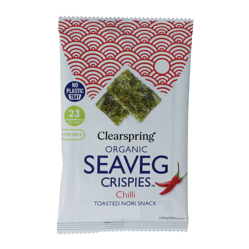 ClearSpring Seaveg Crispy Chilli Bio chips and zoutjes, 4g, featuring seaweed snack with spicy chili flavor.