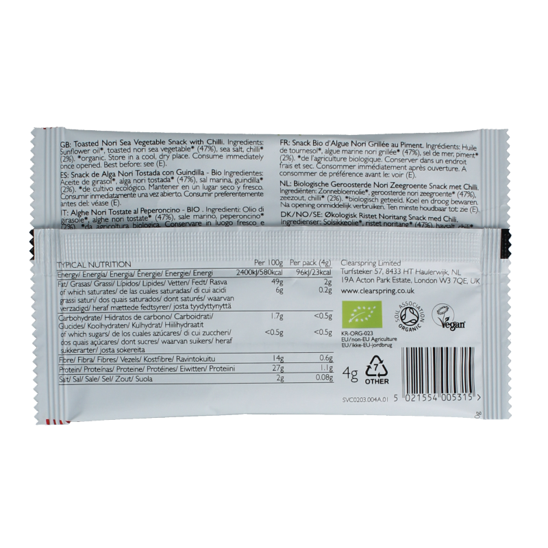 Clearspring Seaveg crispy seaweed chips with chili flavor, 4 grams, in a natural snack presentation.