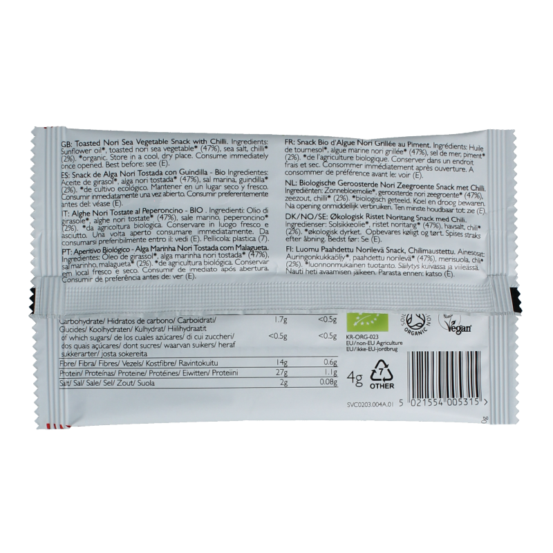 Clearspring Seaveg Crispy Chilli Bio chips and salt in 4g packet, featuring seaweed snack with chili flavor.