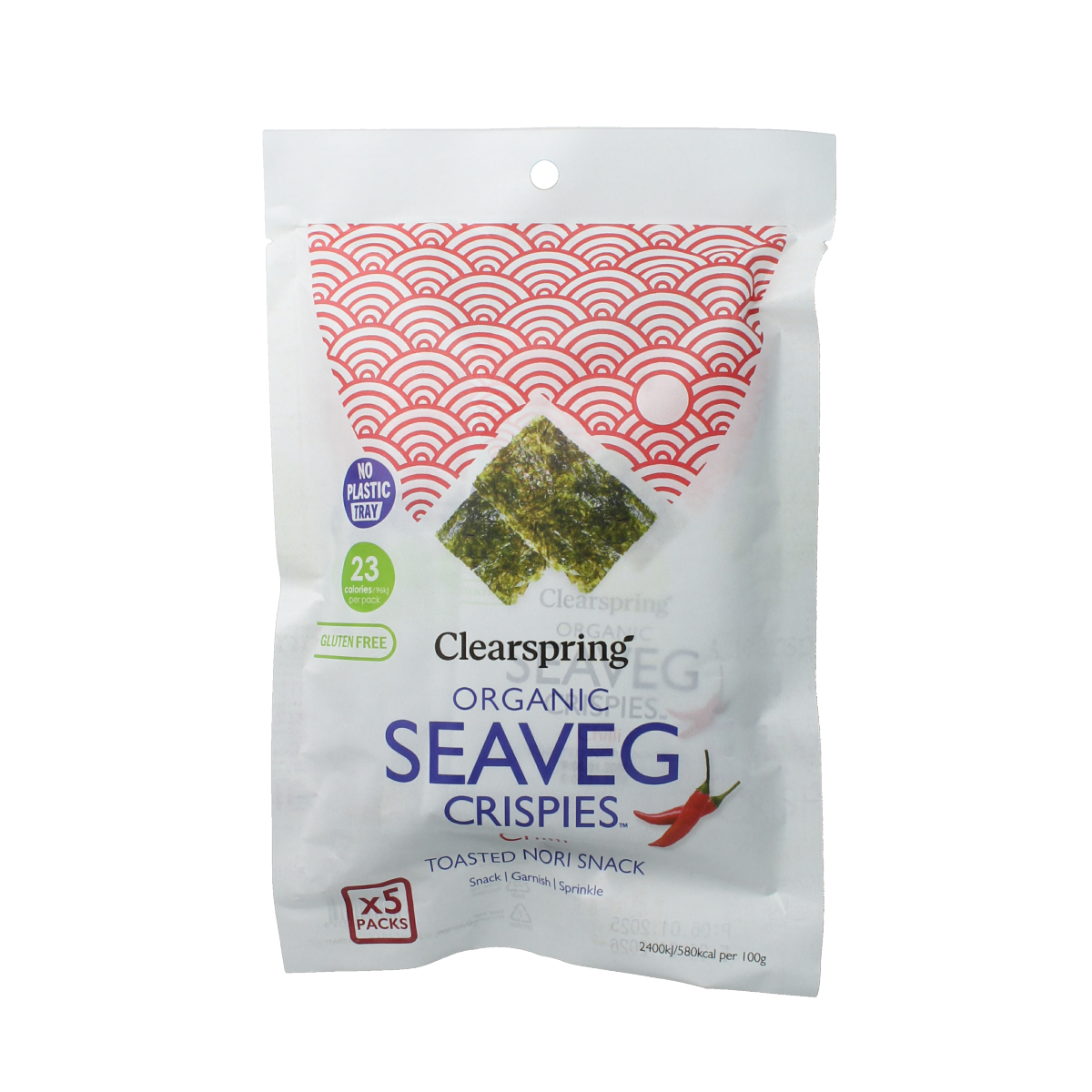 Clearspring Seaveg crispy chilli chips and salt snacks in a multipack, 20 grams each, organic seaweed-based snack.