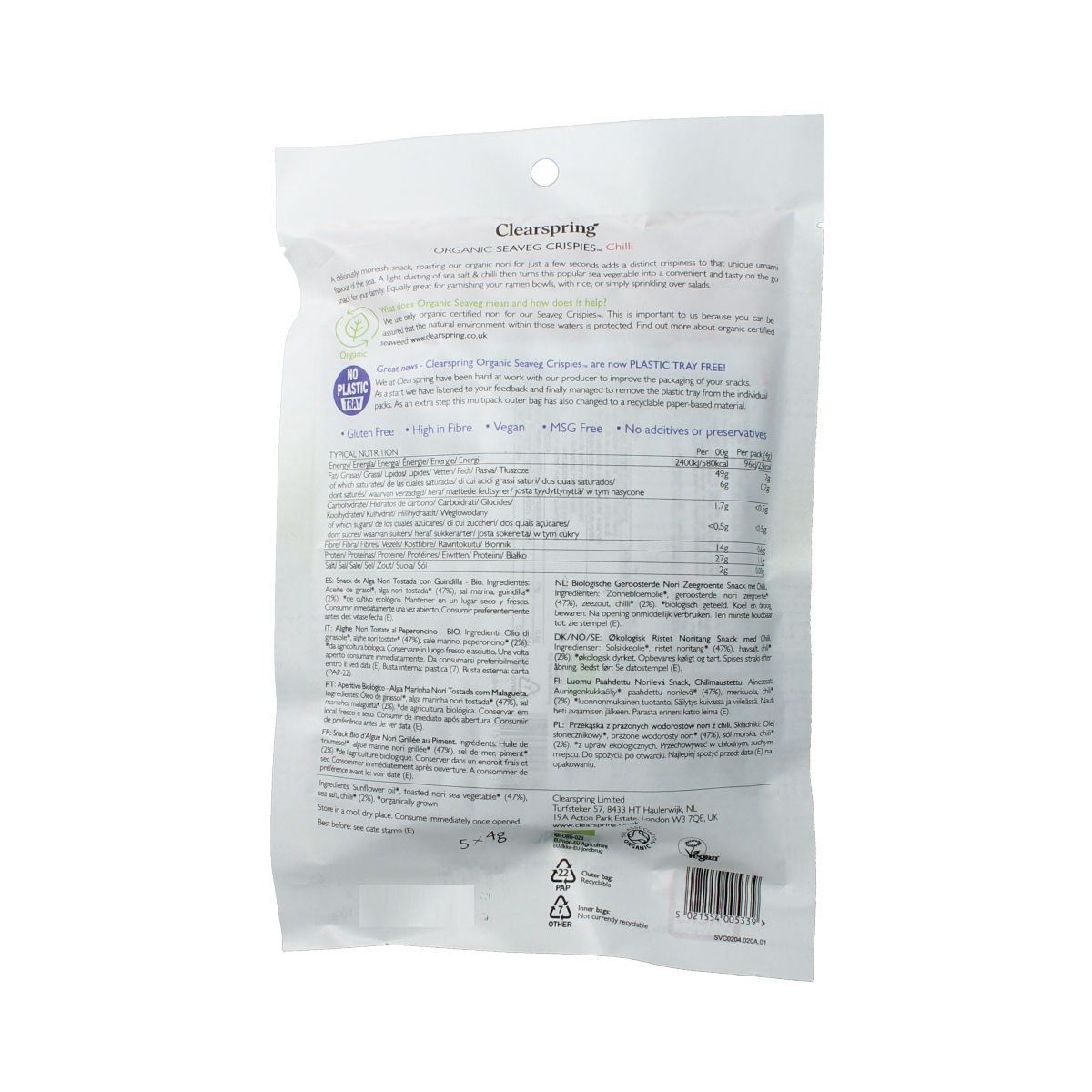 Clearspring Seaveg crispies chili multipack bio chips and zoutjes, 20g, with colorful packaging and crispy texture visible.