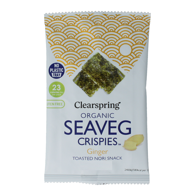 Clearspring Seaveg Crispy Ginger Bio chips in 4g packet, showing crispy seaweed snacks with ginger flavor.