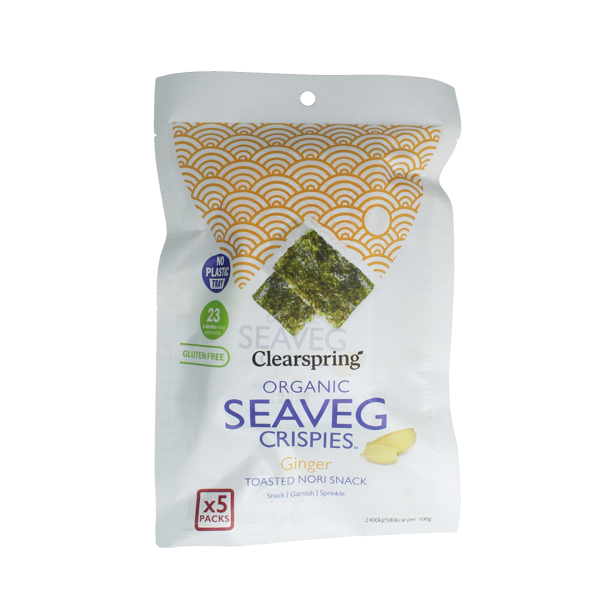 Clearspring Seaveg crispies ginger chips and salt multipack, 20g, organic seaweed snack with ginger flavor and crunchy texture.