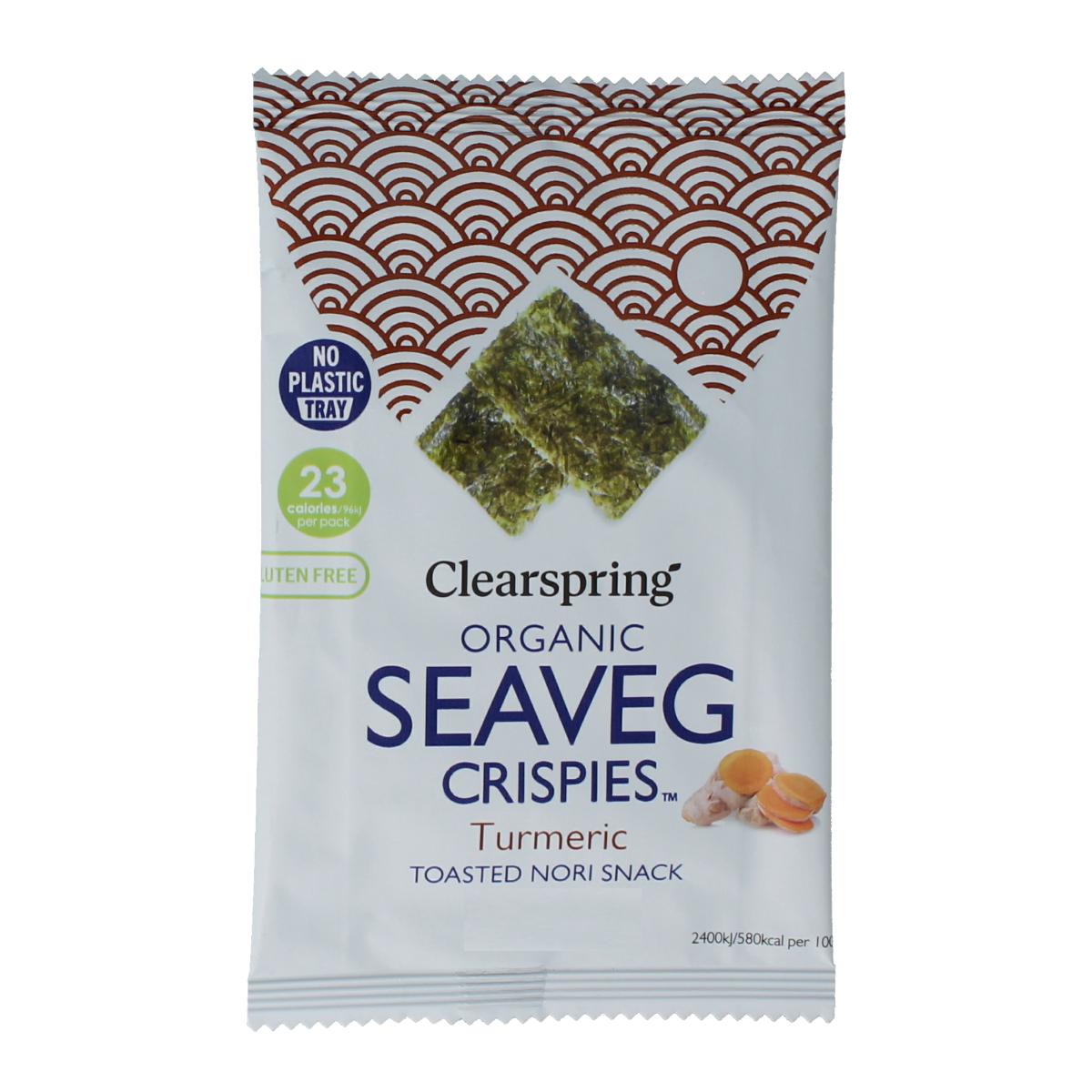 ClearSpring Seaveg Crispy Turmeric Chips in 4g packet, featuring vibrant turmeric flavor and crispy seaweed texture.