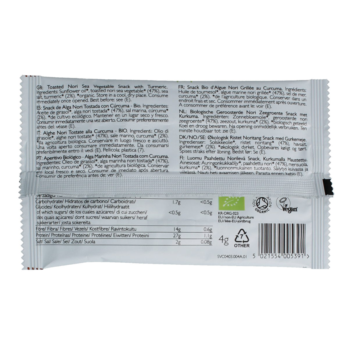 Clearspring Seaveg crispy turmeric chips and seaweed salt snacks in a 4g package, natural seaweed flavor with crunchy texture.