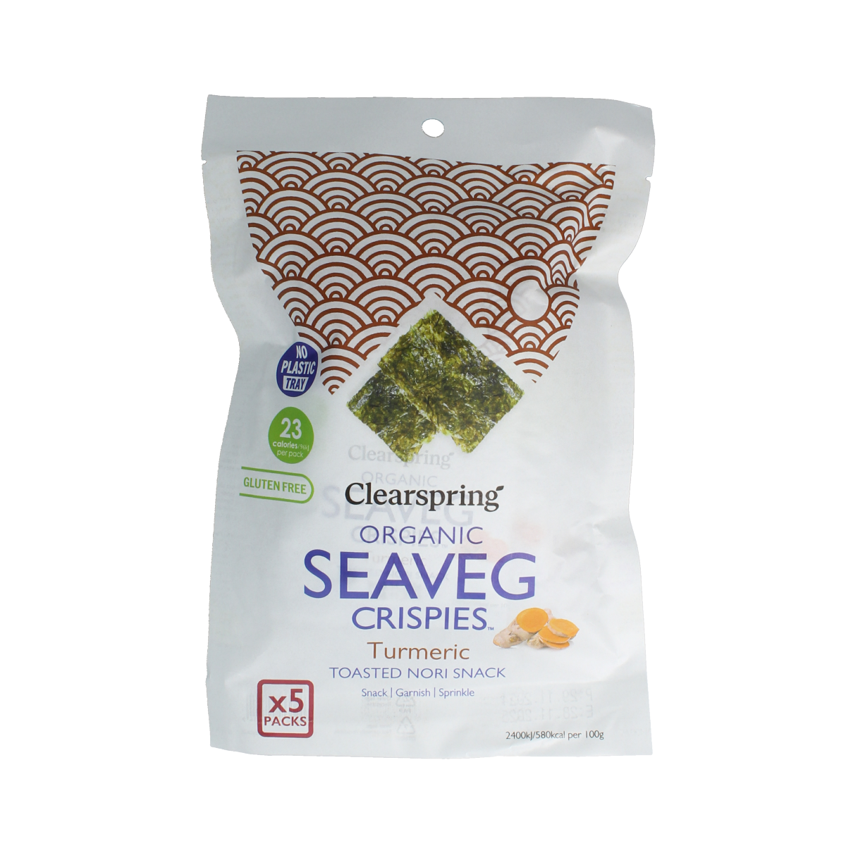 Clear Spring Seaveg Crispies turmeric flavored chips and salt snacks in a multipack, 20 grams each, with vibrant packaging.