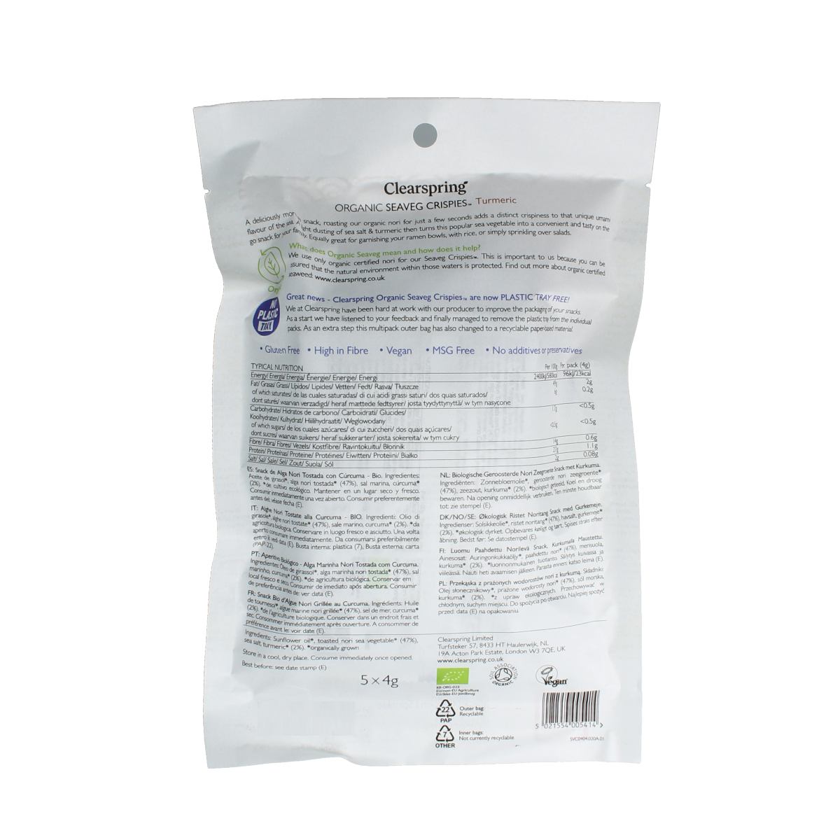 Clearspring Seaveg Crispies turmeric chips and salties in a multipack, 20 grams, featuring vibrant turmeric flavor and seaweed chips.