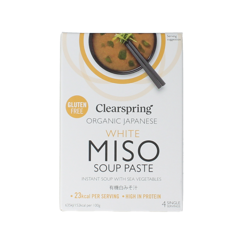 Clearspring white miso soup paste in a 60g jar, organic Japanese seasoning for soups and broths.