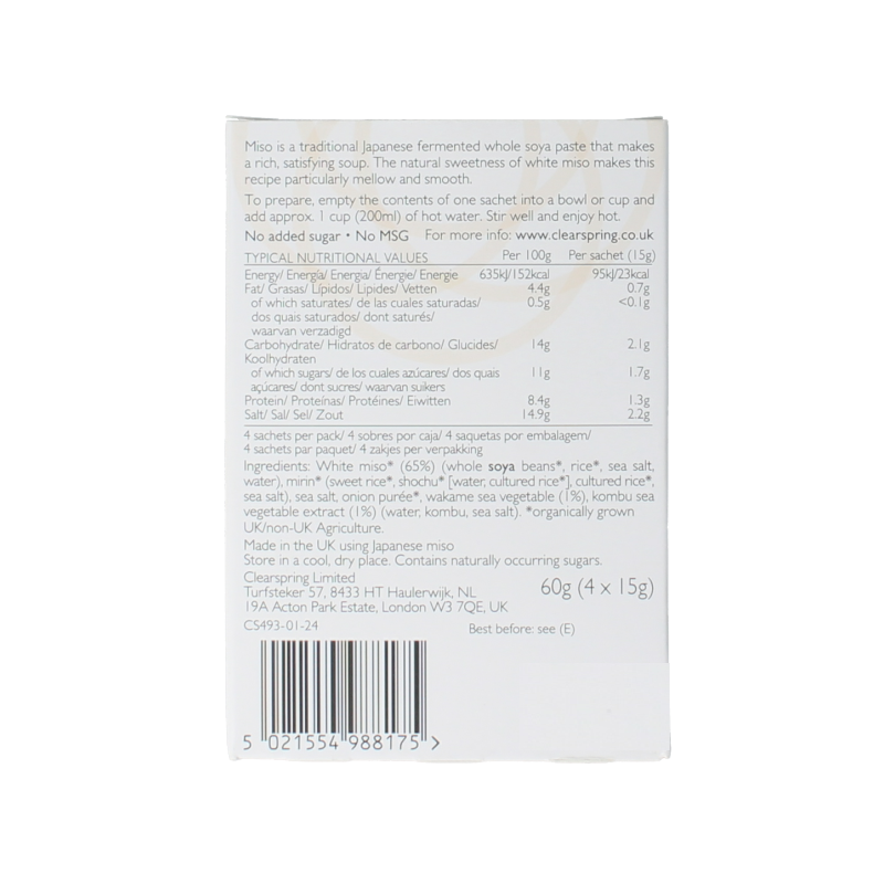 ClearSpring white organic miso soup paste in a 60g jar, ideal for making flavorful soups and broths.