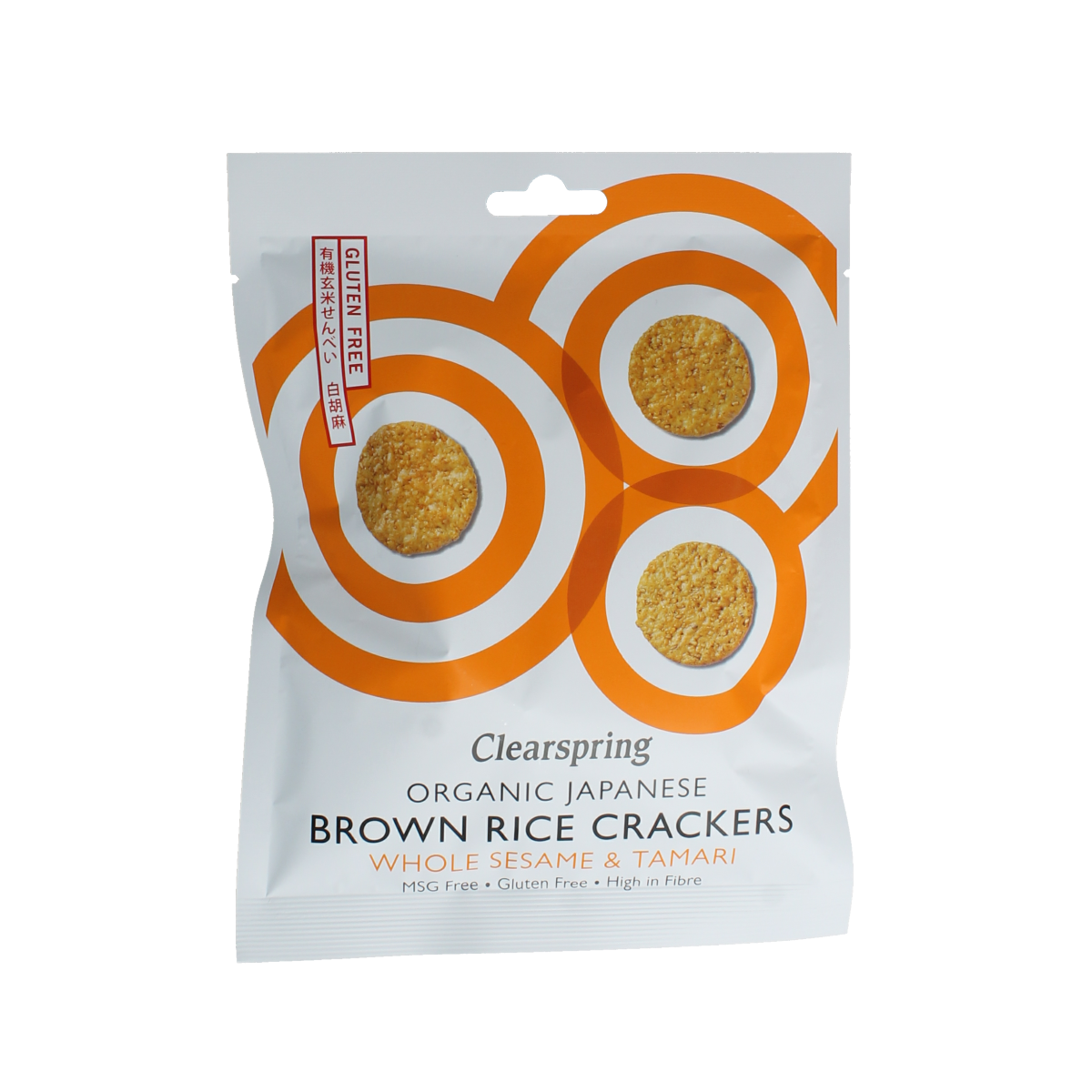 Clearspring organic brown rice crackers with sesame and tamari, 40g, in a clear packaging showing crunchy rice chips.