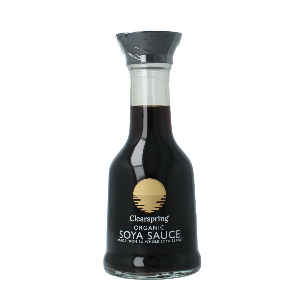 Bottle of Clearspring organic soy sauce in a 150ml glass container, labeled as a sauce and flavor enhancer.