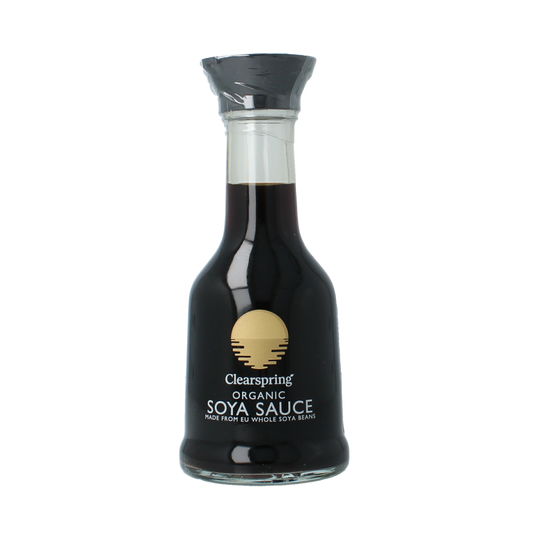 Bottle of Clearspring organic soy sauce in a 150ml glass container, labeled as a sauce and flavor enhancer.