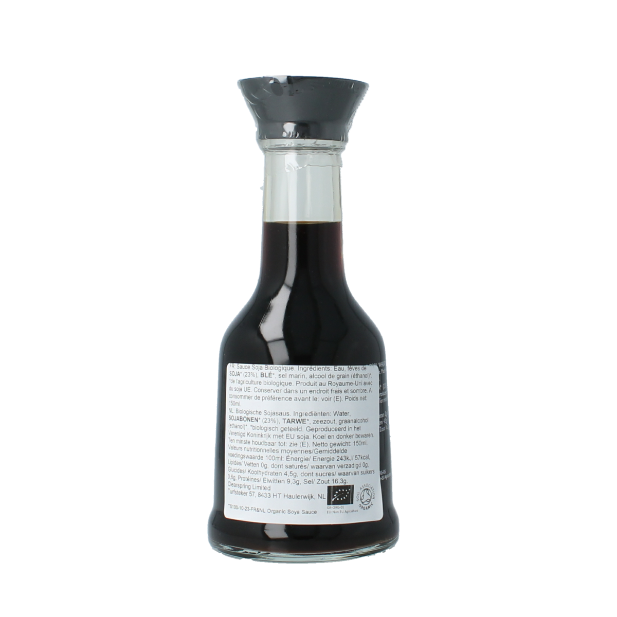 Bottle of Clearspring organic soy sauce in a 150ml glass bottle, labeled with brand and product details.