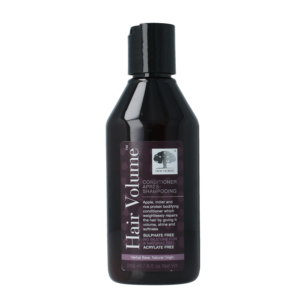 New Nordic Hair Volume Conditioner 250ml, moisturizing hair care product with a sleek bottle and label, designed to boost hair fullness.