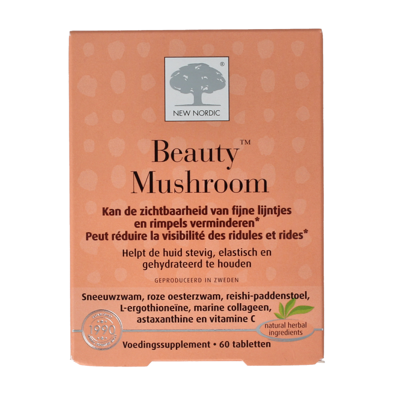 New Nordic Beauty Mushroom herbal supplement in a bottle of 60 tablets, featuring natural mushroom ingredients for skin support.