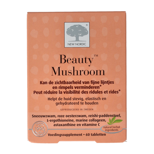 New Nordic Beauty Mushroom herbal supplement in a bottle of 60 tablets, featuring natural mushroom ingredients for skin support.
