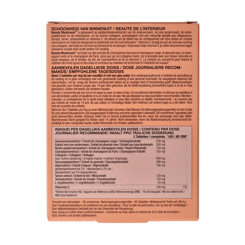 New Nordic Beauty Mushroom herbal supplement tablets in blister pack, featuring mushroom ingredients for skincare and health support.