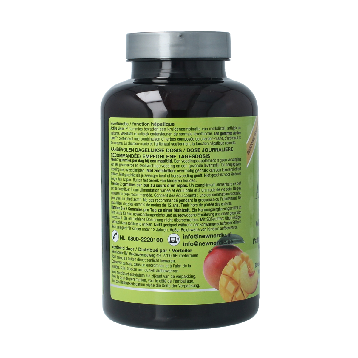 New Nordic Active Liver gummies in a clear container, showing 60 gummies for liver support, part of herbal supplement Kruidenpreparaten.