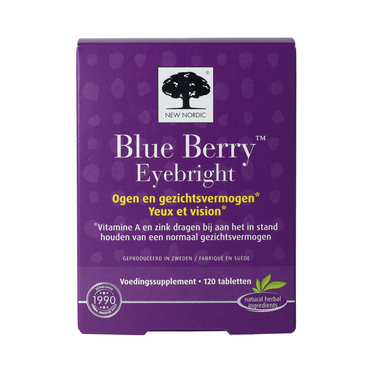 New Nordic Blueberry Eyebright herbal supplement tablets, 120 count, with fresh blueberries and eyebright plant shown in the image.