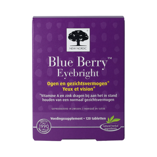 New Nordic Blueberry Eyebright herbal supplement tablets, 120 count, with fresh blueberries and eyebright plant shown in the image.