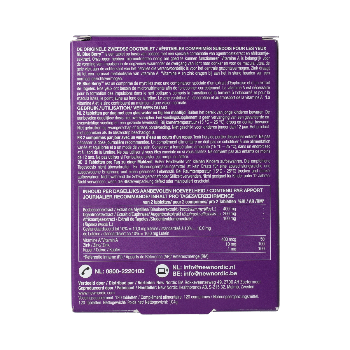 New Nordic Blueberry Eyebright herbal supplement tablets, 120 count, featuring blue berries and eyebright for eye health.