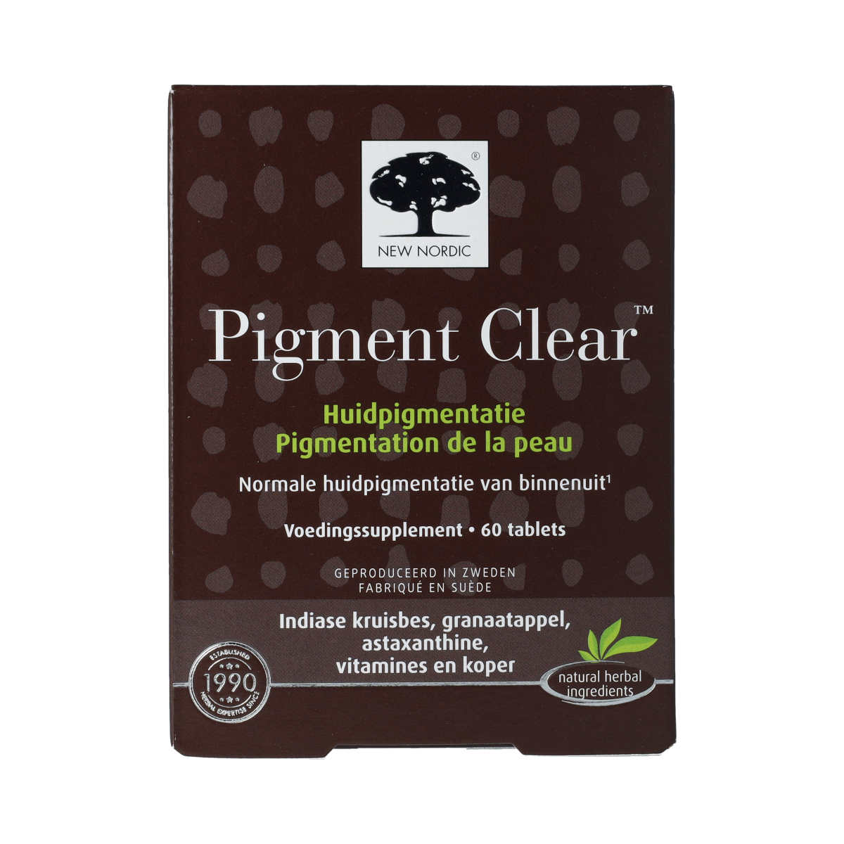 New Nordic Pigment Clear Skin Care tablets in a bottle, herbal supplement for skin health and pigmentation support.