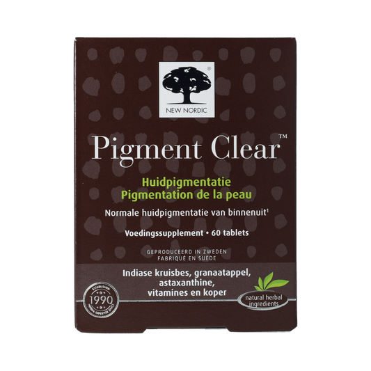 New Nordic Pigment Clear Skin Care tablets in a bottle, herbal supplement for skin health and pigmentation support.