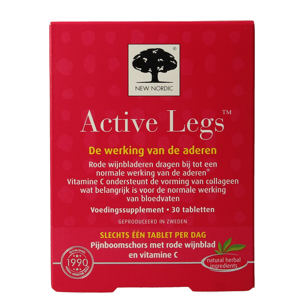 New Nordic Active Legs herbal supplement tablets, natural herbal preparation for leg support, shown in bottle with tablets