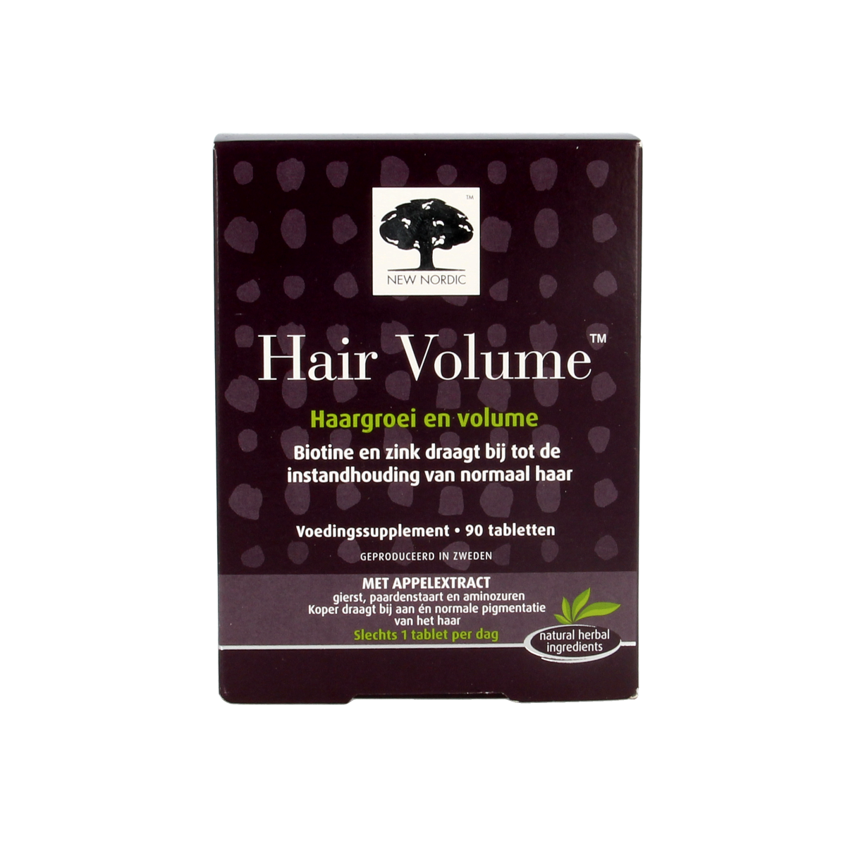 New Nordic Hair Volume herbal supplement tablets, showing the bottle and packaging for promoting hair thickness and health.