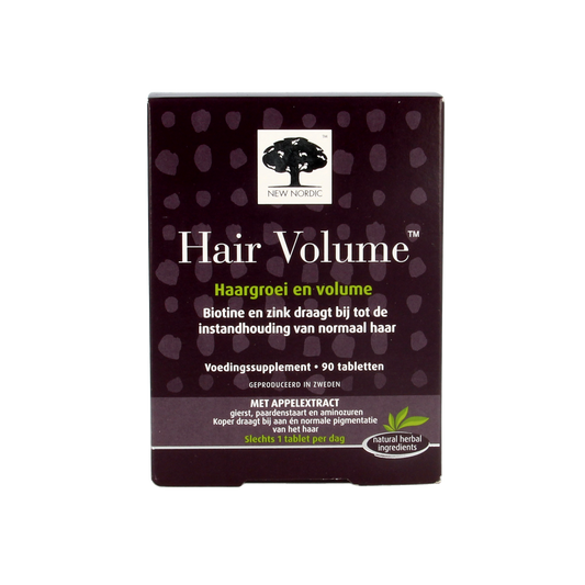 New Nordic Hair Volume herbal supplement tablets, showing the bottle and packaging for promoting hair thickness and health.