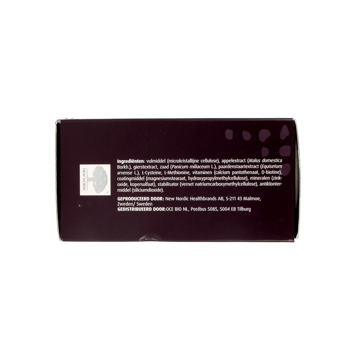 New Nordic Hair Volume herbal tablets in a bottle, showcasing the supplement's packaging and tablets inside.