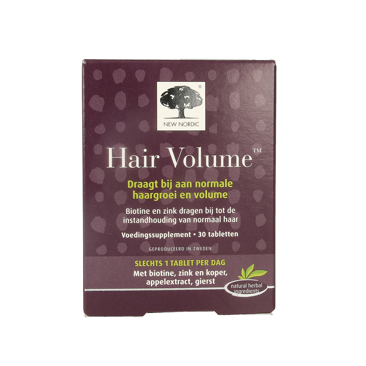 New Nordic Hair Volume herbal supplement tablets showing the product bottle and label with herbal ingredients.