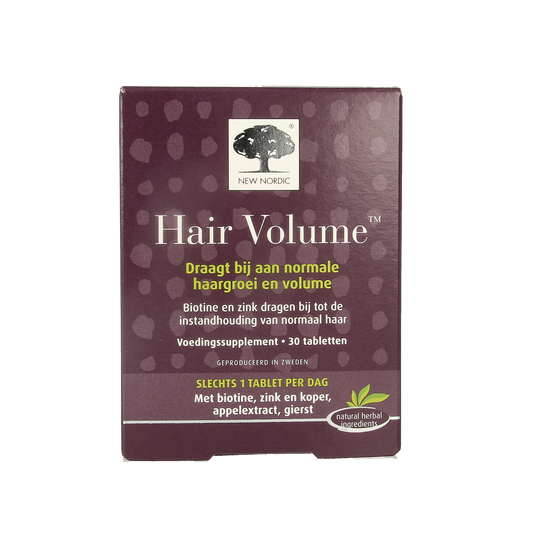 New Nordic Hair Volume herbal supplement tablets showing the product bottle and label with herbal ingredients.